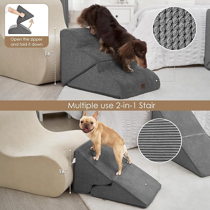 EHEYCIGA Curved Foldable Dog Stairs Ramp for Small Dogs 16" H, 3-Step Dog Steps for Couch Sofa and Chair, Pet Stairs for Cats, Non-Slip Balanced Pet Steps Indoor, Grey