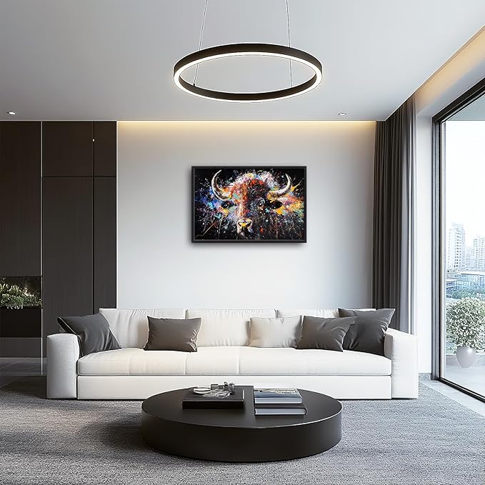 Framed Large Bison Buffalo Wall Art for Living Room, Oversized Graffiti Yak Cow Wall Decor Banksy Bull Canvas Painting Animal Pictures Modern Artwork for Living Room Bedroom Office 36"x24"