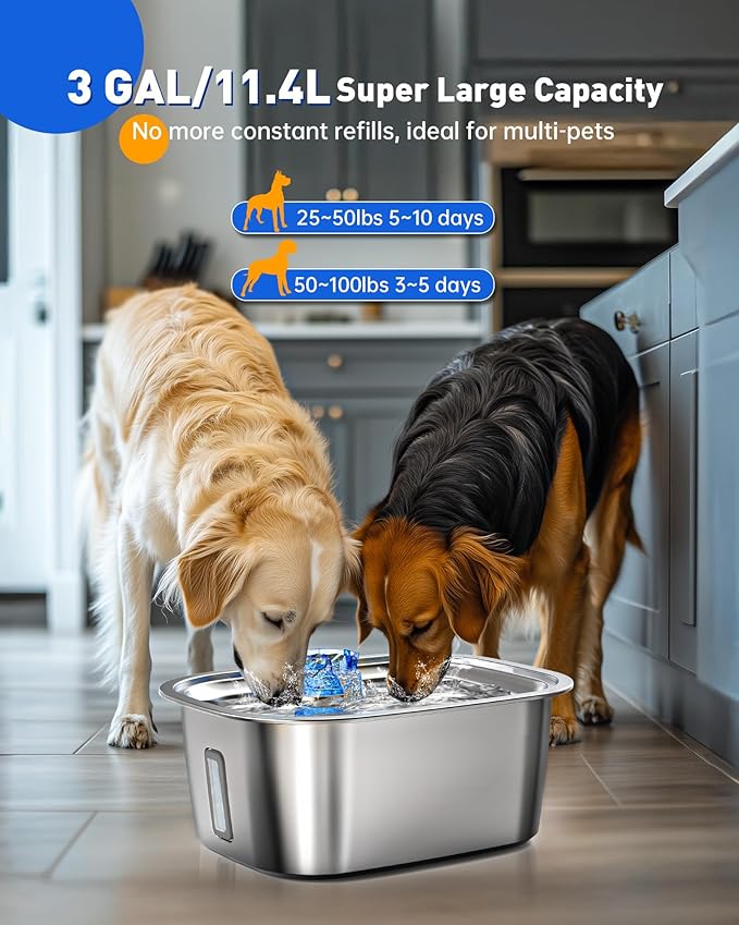 Dog Water Fountain for Large Dogs Stainless Steel, 3Gal Extra Large Dog Water Bowl Dispenser with 2 Filters & Visual Window, Automatic Filtered Pet Fountain Indoor, Quiet Safe Pump with LED Indicator