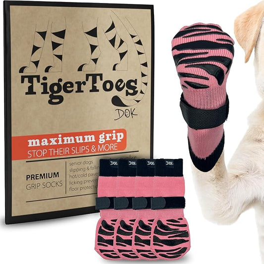 DOK TigerToes Premium Non-Slip Dog Socks for Hardwood Floors - Extra-Thick Grip That Works Even When Twisted - Prevents Licking, Slipping, and Great for Dog Paw Protection (Sassy Pink, Large)