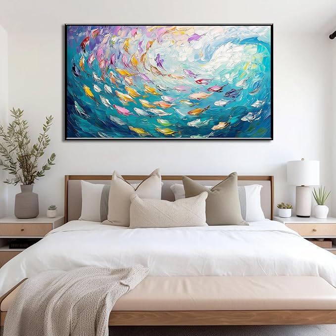 Fish Canvas Wall Art, Abstract School of Fish Canvas Wall Art, School of Fish Painting Canvas, School of Fish Wall Art, Fish Wall Decor, Fish Pictures Wall Decor, Bedroom Canvas Wall Decor (Gold Framed, 48"x27" | 122x68cm)