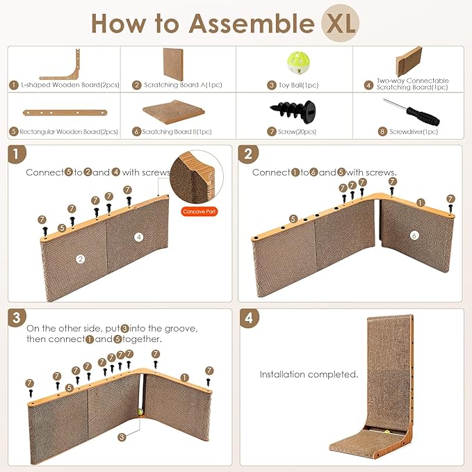 EHEYCIGA Cardboard Cat Scratcher for Indoor Cats, 32 Inch L Shaped Vertical Cat Scratching Board with Ball Cat Toy, Extra Large Cat Scratcher Pad, White