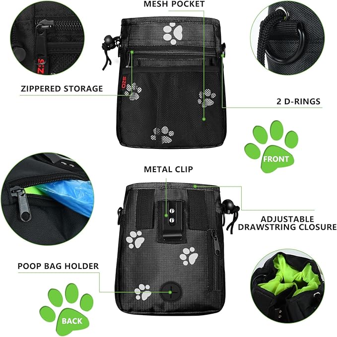 Dog Treat Pouch - 3 Ways to Wear Treat Pouches for Pet Training and 2 Pieces Clicker Taining for Dogs, Dog Training Treat Pouch Bag and Dog Clicker for Training with Waist Belt Shoulder Strap - Paws