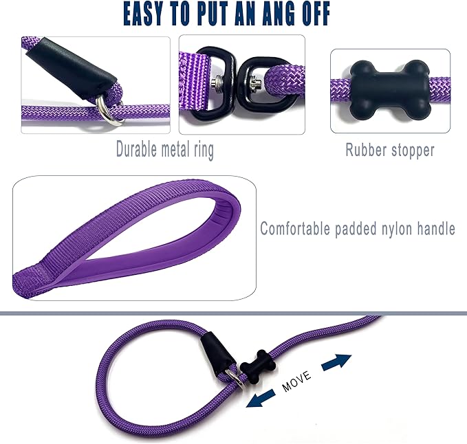 Slip Lead Dog Leash，Strong Nylon Rope Leash and Padded Handle,No Pull Outdoor Walking Training Lead for Small Medium Large Dogs(Purple,1/2"×4ft)