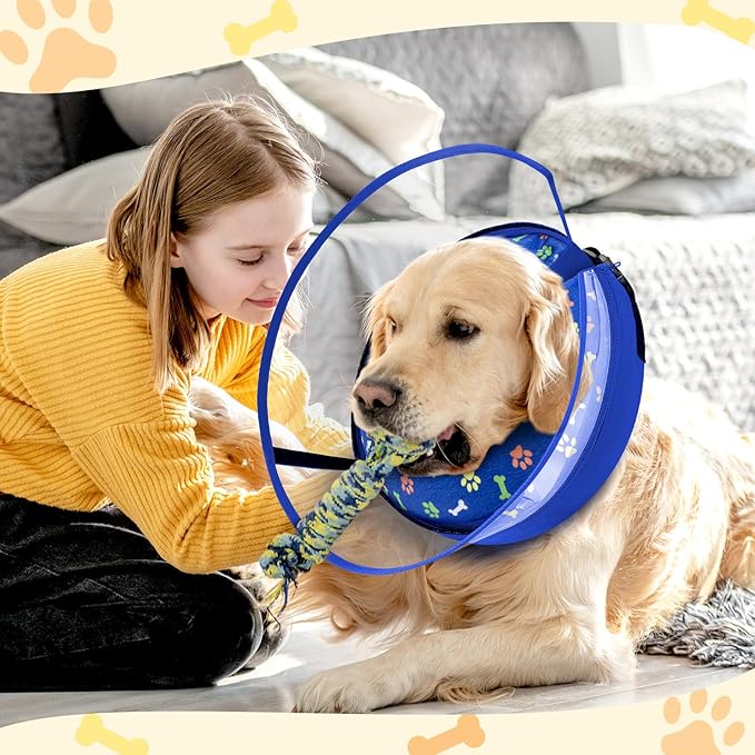 Dog Cone Collar with Enhanced Anti-Licking, Inflatable Dog Cone After Surgery, Adjustable Size with Soft Padding for Small Medium Large Dogs - Blue/L