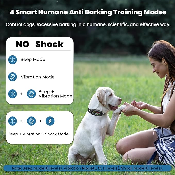 Automatic Dog Bark Collar, Safe Anti Barking Collar with Adjustable Beep Vibration Shock Modes & 9 Sensitivity, IP67 Waterproof Bark Deterrent Device for Large Medium Small Dogs 10-150lbs