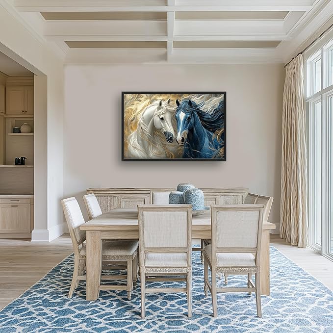 Framed Large Horse Wall Art for Living Room, Oversized Abstract Horses Wall Decor Blue and Golden Canvas Painting Animal Pictures Modern Artwork for Living Room Bedroom Office 36"x24"