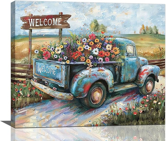 Farmhouse Truck Wall Art Rustic Country Wildflowers Wall Decor Road Flowers Landscape Pictures Canvas Print Painting Artwork for Bathroom Living Room Bedroom 20"x24"