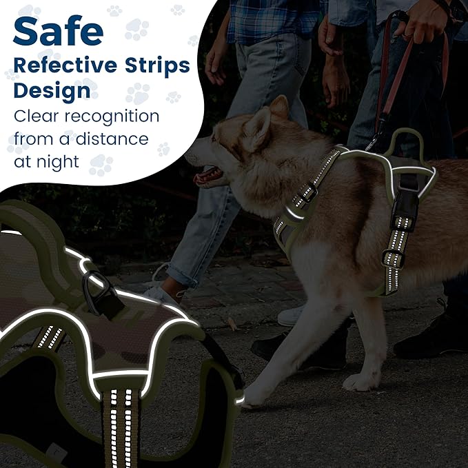 Funfox Dog Harness No Pull, Adjustable Pet Vest Harness, Super Soft Material with Vertical Handle Easy Control, Reflective Night Walking, 2 Leash Clips for XLarge Dogs, Camo Green, XL