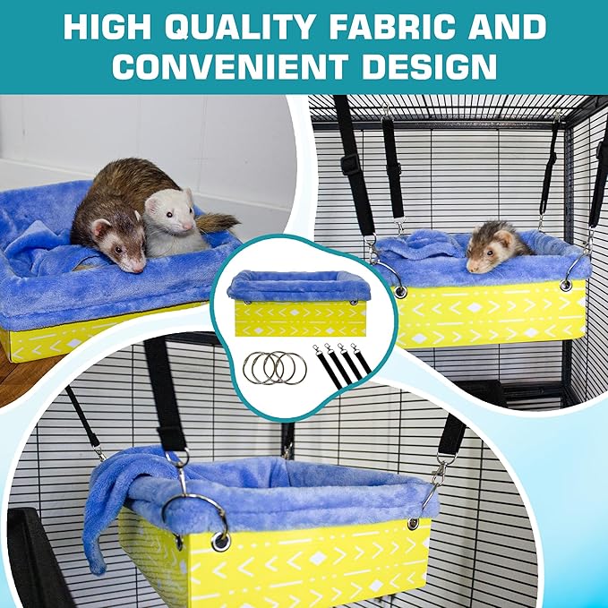 Ferret Hammock For Cage Box, use as Hanging Bed or Secure to Cage. Ferret Cage Accessories w/ Adjustable Straps, Perfect Small Pet Bed, Hanging cat hammock Bed, Guinea Pig Bed or Rabbit Bed.