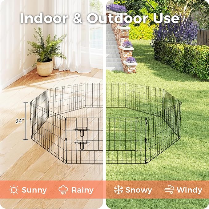 Foldable Dog Playpen 24" Height 8 Panels Metal Exercise Pen with Door - Indoor/Outdoor Puppy Playpen for Small Dogs, Portable Pet Fence for Yard Garden Camping, Black