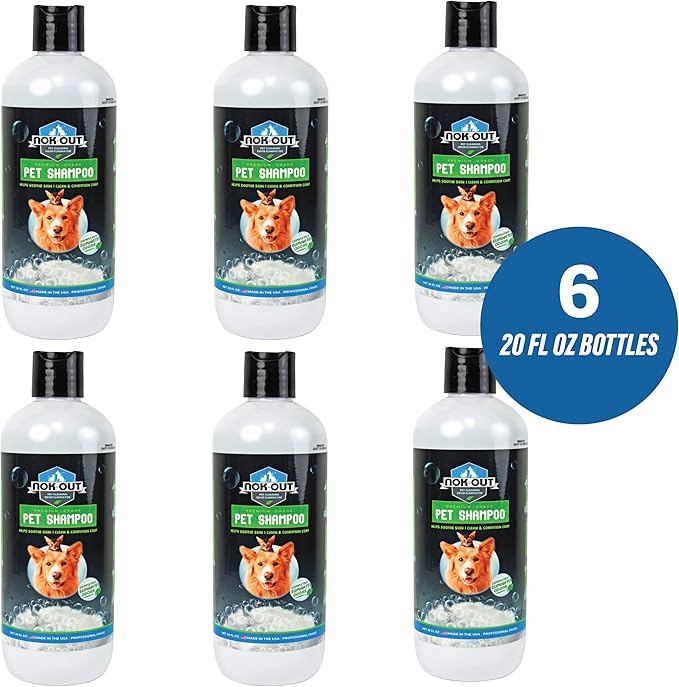 NOK OUT Premium Grade Pet Shampoo for Dogs and Cats, Veterinary Strength and Odor Eliminator Formula, Made in the USA, 20 Ounce Bottle, 6-Pack