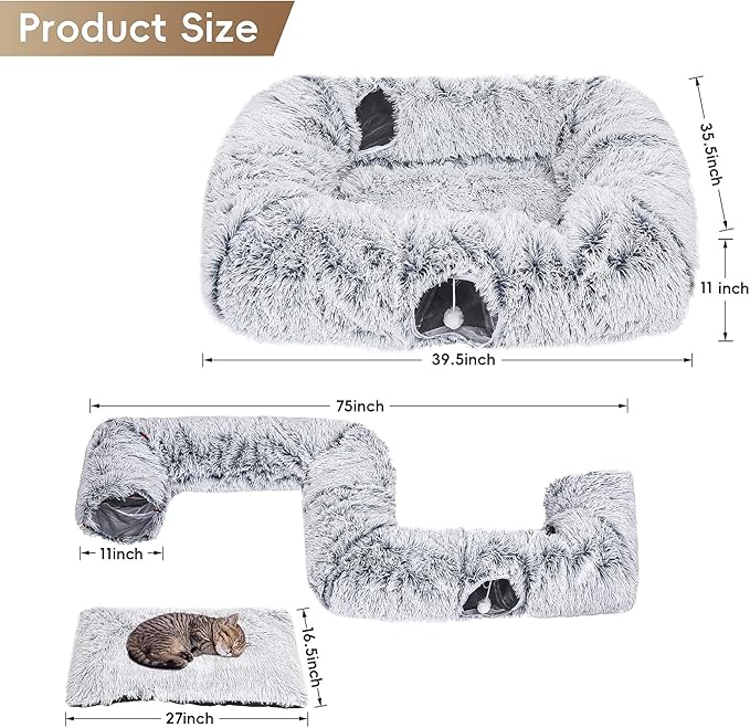 Extra Large Cat Tunnel Bed, 4 Ways Tunnels for Indoor Cats, Multi-cat Family Peekaboo Cave & Cat Bed, Plush Cat Donut with Washable Middle Mat, Exit Balls, Pet Play Toy for Kitten Puppy Rabbit