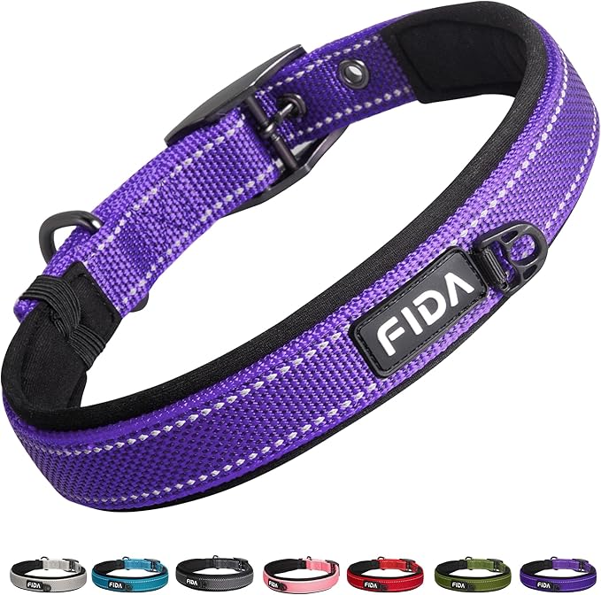 Fida Heavy Duty Dog Collar, Ultra Comfortable Soft Neoprene Padded, Adjustable Reflective Nylon Pet Collar with Durable Metal Belt Buckle for Large Breeds (L, Purple)