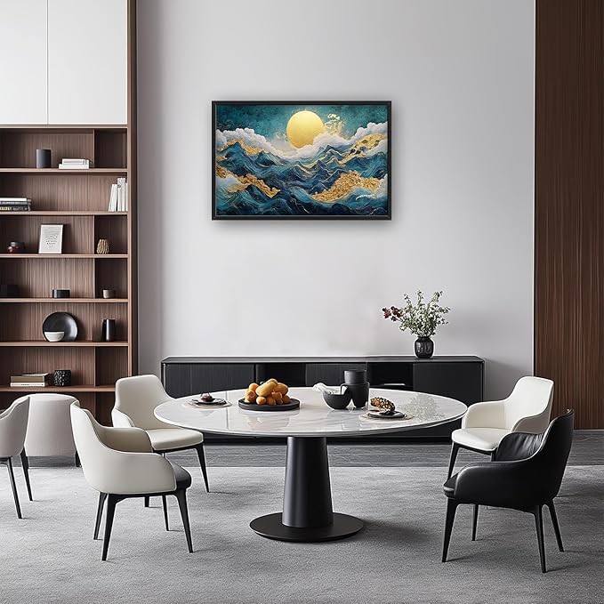 Framed Large Sun Mountain Wall Art, Oversized Teal and Golden Sun Wall Decor for Living Room, Abstract Landscape Canvas Painting Modern Artwork Home Decoration for Living Room Bedroom 36"x24"