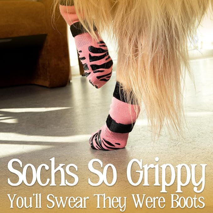 DOK TigerToes Premium Non-Slip Dog Socks for Hardwood Floors - Extra-Thick Grip That Works Even When Twisted - Prevents Licking, Slipping, and Great for Dog Paw Protection (Sassy Pink, Medium)