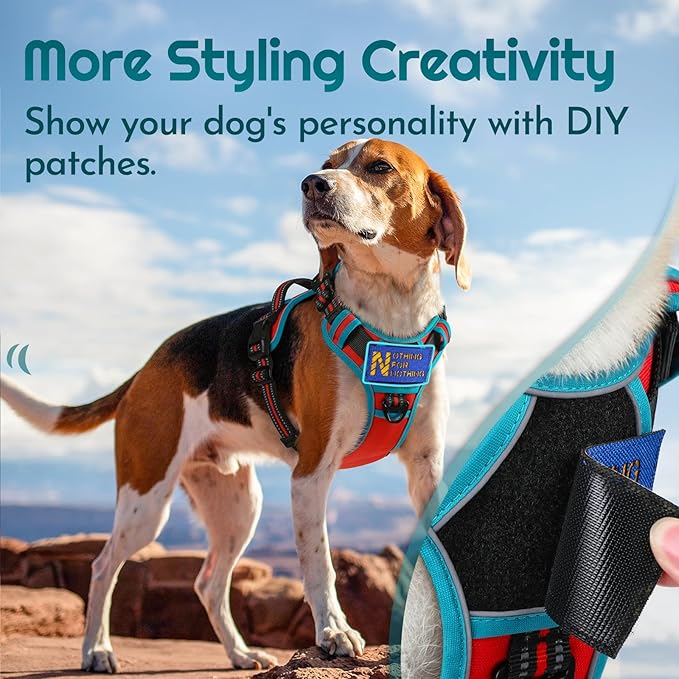 Eagloo Dog Harness for Large Dogs, Easy Wearing with 3 Buckles, Adjustable No Pull Pet Harness with 2 Rings for Walking, No Chock Reflective Soft Padded Vest with Control Handle, Red & Teal, L