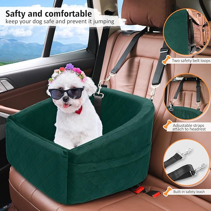Dog Car Seat for Small Medium Dogs,Detachable Washable Dog Booster Seat Under 30lbs, Pet Car Seats Travel Bed with Storage Pockets and Safety Belt(Green)