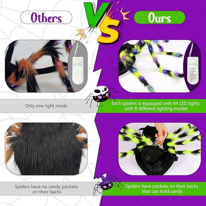 Dog Halloween Costumes, Furry Dog Spider Costume with 64 LED, Giant Spider Halloween Costume for Medium Large Dogs, Funny Dogs Costumes for Cat Pet Halloween Party Cosplay (Green)