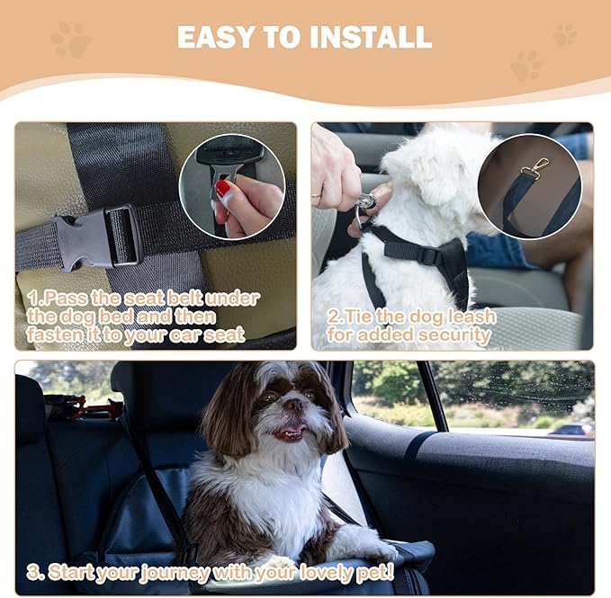 Dog Car Seat for Small Dogs, Large Leather Dog Car Bed with Storage Pocket, Waterproof PVC Leather Booster Seat Travel Bed for Front & Back Seat, Clip-On Safety Leash (Green/Brown)