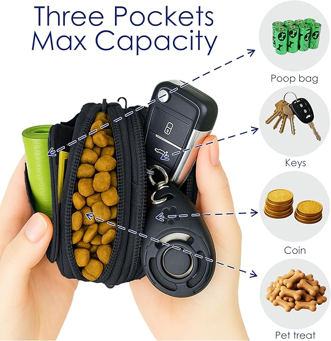 Dog Treat Pouch for Pet Walking and Training with Clicker, Poop Bags, and Three Bags Design Small Fanny Zipper Pack Holder for Puppy Snack Dispenser Kit for Leash and Outdoor Use (Black)