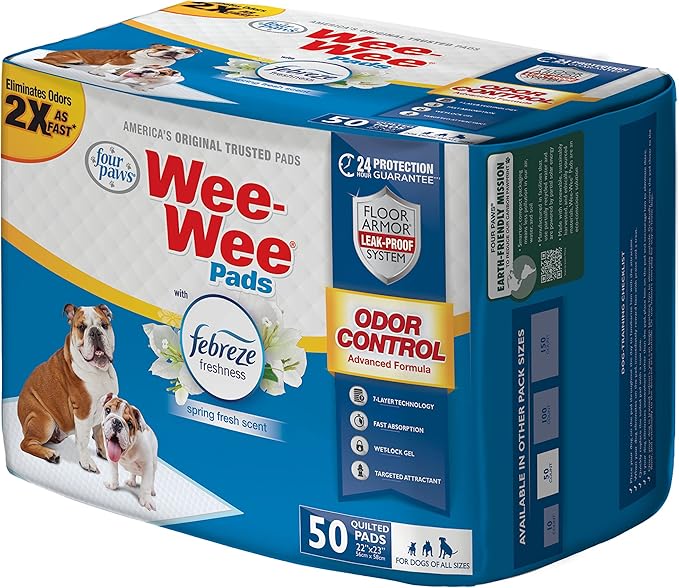 Four Paws Wee-Wee Odor Control with Febreze Freshness Pee Pads for Dogs & Puppies, Leak-Proof Dog Housebreaking Potty Training Floor Protection, Spring Fresh Scent, 22" x 23", 50 Count