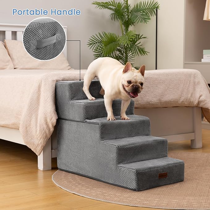Dog Stairs for High Bed 22.6" H,5-Step Dog Steps for Small Dogs and Cats,Indoor Non-Slip Balanced Pet Stairs are Suitable for Puppy,Older Cat,Grey