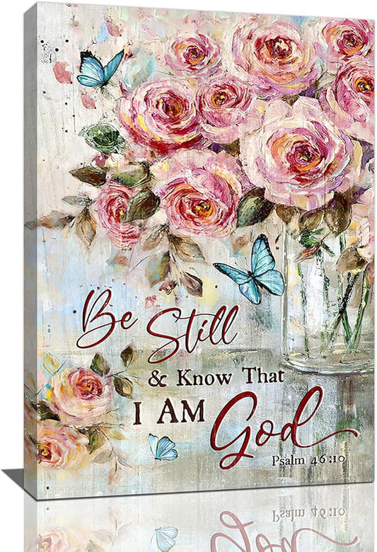 Farmhouse Rose Wall Art Christian Scripture Pictures Pink Rose Wall Decor Rustic Floral Butterfly Canvas Print Painting Artwork for Bathroom Living Room Bedroom 16"x24"