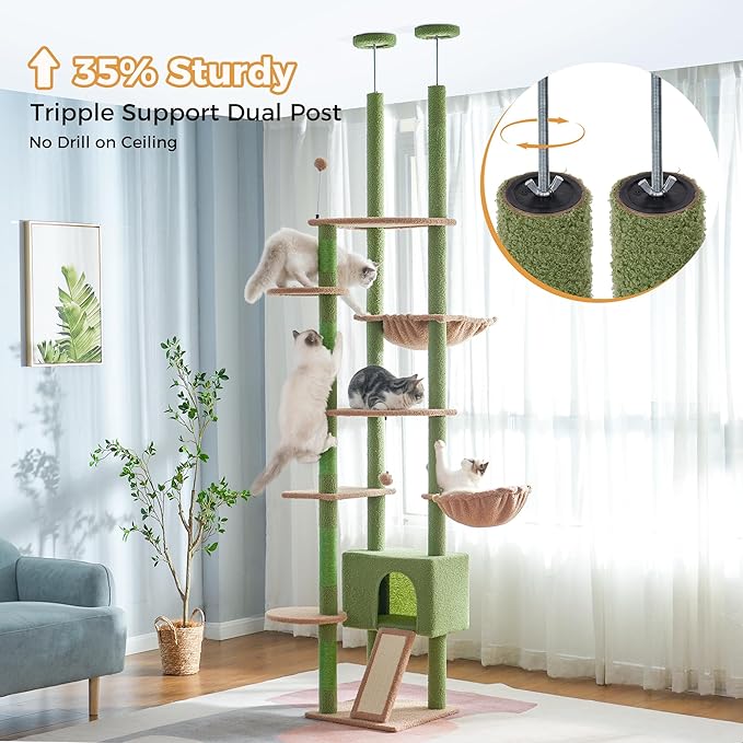 Floor to Ceiling Cat Tree Tall Cat Tower with Adjustable Height (81.8-108 Inches) with Fully Scratching Post Private Condo and Hammock for Indoor Cats (Green, Triple Dule Posts)
