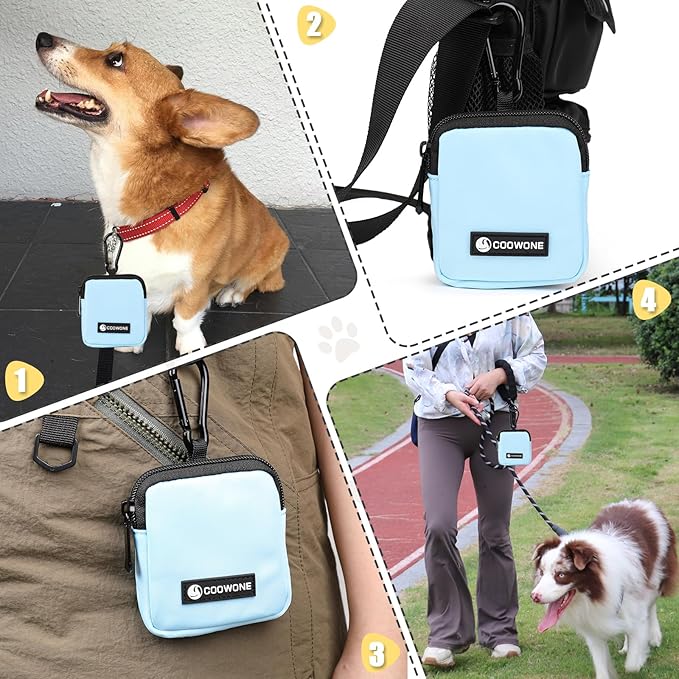 Dog Treat Pouch 2 PCS, Waterproof Small Dog Treat Bag for Leash, Hands Free Puppy Walking Bag with Carabiner, Pet Poop Bag Holder for Pet Puppy Travel or Outdoor Use, Zipper Closure to Avoid Spilling