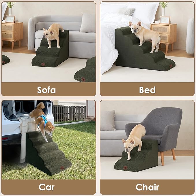 EHEYCIGA Curved Dog Stairs Ramp for Small Dogs 15.7" H, 3-Step Dog Steps for Couch Sofa and Chair, Pet Stairs for Cats, Non-Slip Balanced Pet Steps Indoor, Olive Green