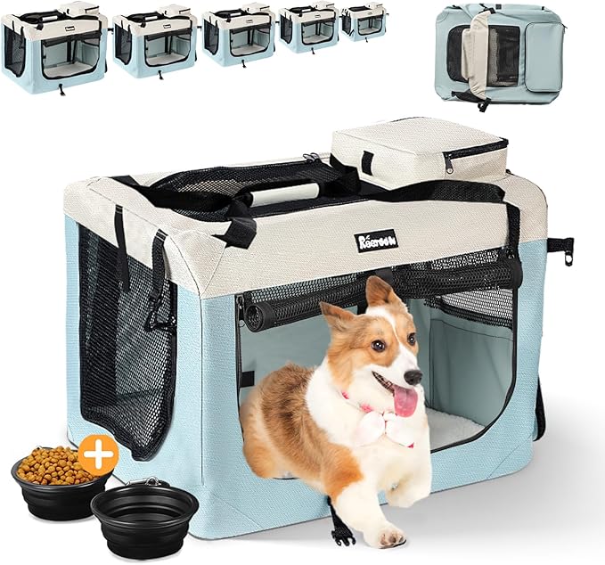 Extra Large Dog Crate with 2 Foldable Bowl, 36 Inch Collapsible Travel Dog Crate Kennel with Soft Blanket for Medium Dogs,Indoor & Outdoor (36" L x 25" W x 25" H, Blue)