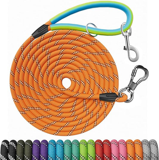 NTR Dog Training Leash, 50FT Rope Puppy leash with 2 Swivel Hooks, Reflective Threads and Comfortable Padded Handle, Puppy Leash for Walking, Hunting, Camping, Backyard for Small Medium and Large Dogs