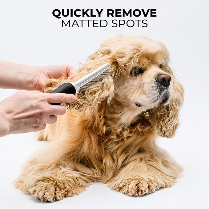 POODLIE Poodle Pet Dog Combs for Grooming Matting - Metal Comb for Dogs with Long & Short Stainless Steel Teeth - Dematting Comb for Cats to Remove Matted Hair & Knots, Black