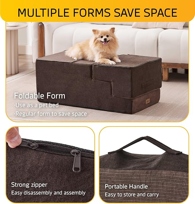 Dog Stairs for Bed, Dog Steps for Bed Couch Sofa, 35D Foam Pet Steps for Small Dogs and Cats, Extra Wide Pet Stairs with Non-Slip Bottom Brown, 3 Steps