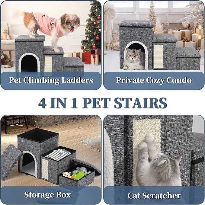 Dog Stairs for High Bed and Couch, 4 IN 1 Foldable Pet Stairs for Cats & Small and Medium Dogs, Adjustable Dog Steps with Pet Climbing Ladders/Cozy Condo/Storage Boxes/Cat Scratcher, Hold Up to 180LBS