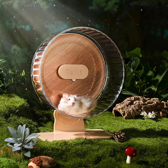 Silent Hamster Wheel 8.7 Inch Dual-Bearings Quiet Running Exercise Wheels with Wood Grain Backboard, Height Adjustable for Dwarf Hamsters, Gerbils, Mice, Hedgehog, Lemmings, Warm Brown