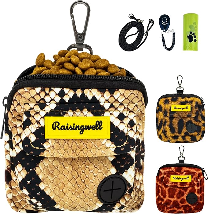Dog Treat Pouch for Pet Walking and Training with Clicker Poop Bags and Double Bag Design Small Fanny Zipper Pack Holder for Puppy Snack Dispenser Kit for Leash and Outdoor Use Snake Skin