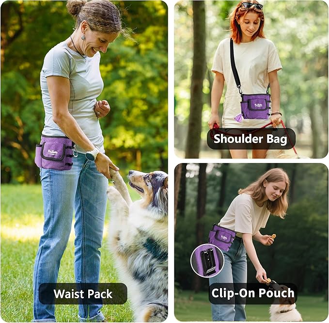 Dog Treat Pouch with Quick-Release Magnetic Closure, 3-Way Wear Treat Bags, 900D Waterproof Fabric, 4 Storage Spaces, Treat Pouch for Pet Training Walking (Purple)