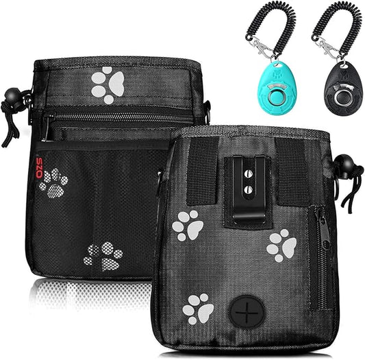 Dog Treat Pouch - 3 Ways to Wear Treat Pouches for Pet Training and 2 Pieces Clicker Taining for Dogs, Dog Training Treat Pouch Bag and Dog Clicker for Training with Waist Belt Shoulder Strap - Paws