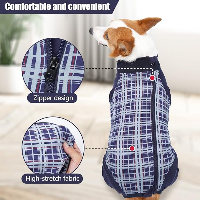 Dog Recovery Suit, Abdominal Wound After Surgery Wear, Anti Licking Bodysuit with Zipper, E-Collar & Cone Alternatives, Plaid Dog Spay Surgical Shirt Prevent Shedding(Medium, Blue)
