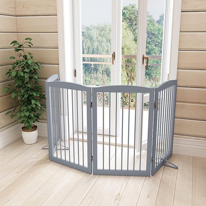 Freestanding Wooden Pet Gate - Foldable Indoor Dog Gate, 80 Inch Wide, 4 Panels, Grey
