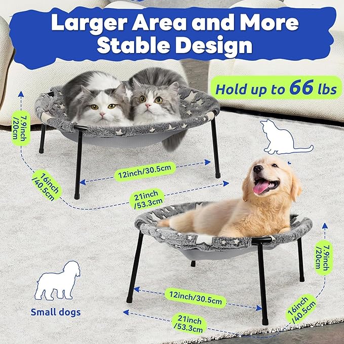 Elevated Cat Bed, Glow-in-The-Dark Fabric Cat Hammock Bed for Large Indoor Cats, Machine Washable & Breathable Cover, Tool Free Easy Assembly, up to 66Lbs (Gray, L)