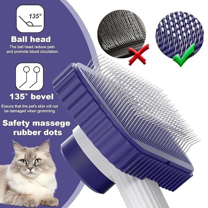 Cat brush, Cat Brush for Long or Short Haired Cats, Remove Loose Fur and Mats, Rounded Pins Reduces Painful Pulling, Not for Tangle and Curly Fur, Dark Blue