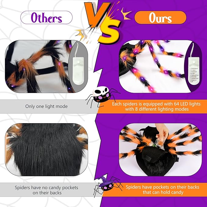 Dog Halloween Costumes, Furry Dog Spider Costume with 64 LED, Giant Spider Halloween Costume for Medium Large Dogs, Funny Costumes for Cat Pet Halloween Party Cosplay (Orange)