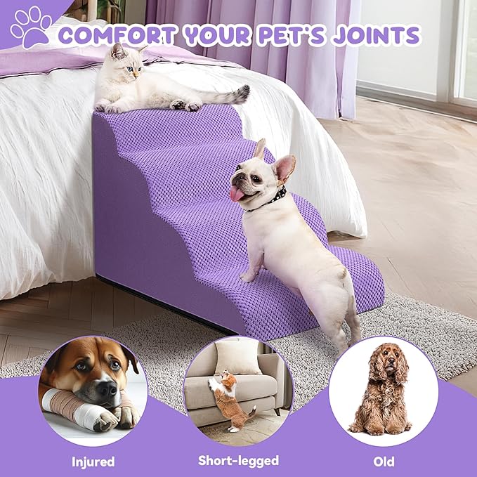 Dog Ramp and Stair for Bed 16" H-20 H,3-Step Cat Stair for Sofa and Chair,4-Step Dog Ramp for High Bed and Window,Durable Nonslip Fabric Cover for Indoor (Purple-20 H, Pet Friendly, 4)