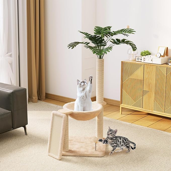 Small Cat Tree, Green Cat Tree with Scratching Post, Hammock Toy Ball and Palm Leaves for Kittens, Cat Tower for Indoor