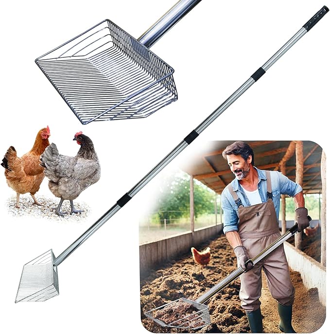 10inch Metal Chicken Poop Scooper with 54-Inch Long Handle for Coop Cleaning