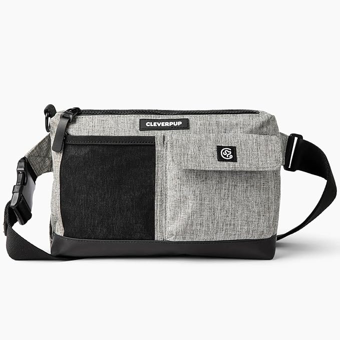 Dog Walk & Train Sling Bag by Cleverpup - Hands-Free 2-In-1 Treat Pouch, Poop Bag Holder, Clicker, Phone Pocket - Crossbody/Fanny Pack, Adjustable Strap - Heather Grey