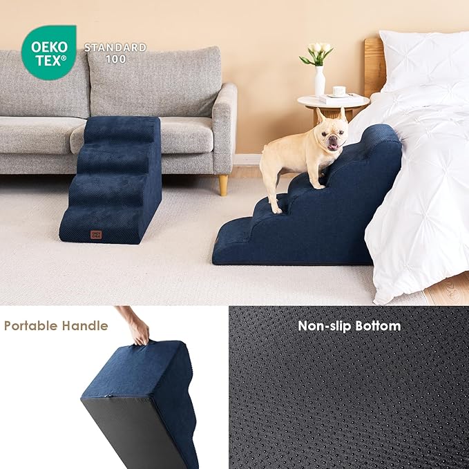 EHEYCIGA Curved Dog Stairs Ramp for High Beds 22.6" H, 5-Step Dog Steps for Small Dogs and Cats, Pet Stairs for High Bed Climbing, Non-Slip Balanced Pet Step Indoor, Navy